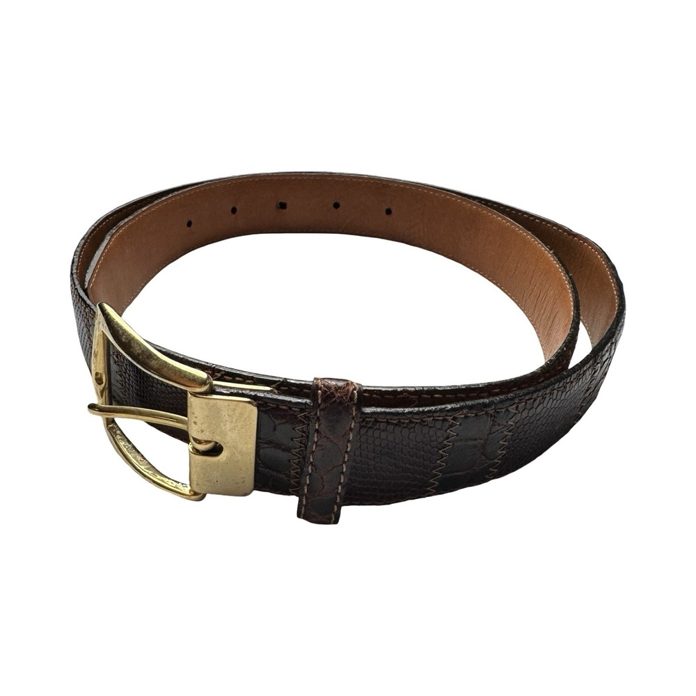 Bespoke Brown Crocodile Lizard Patchwork Brass Buckle Mens Belt Size 34 NWOT